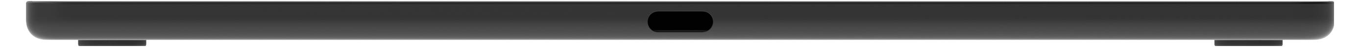 Gros plan du bord supérieur d'un ordinateur portable avec une découpe de webcam centrée et une mince lunette noire.