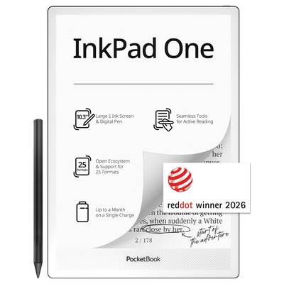 Image produit de la liseuse « InkPad One » avec stylet, mettant en avant un écran e-ink de 10,3 pouces, un stylo numérique, des outils de lecture, 25 formats, et une autonomie pouvant atteindre un mois ; badge Red Dot Winner 2026.