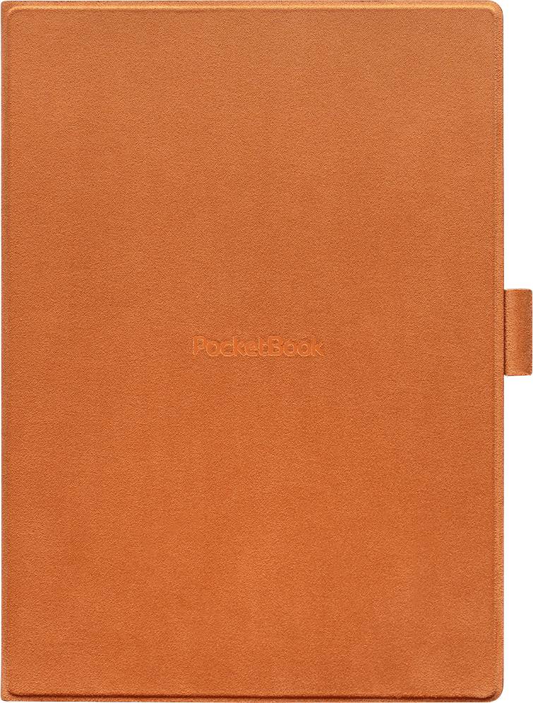 Liseuse Orange PocketBook avec une couverture unie et un onglet latéral, présentée fermée sur un fond blanc.