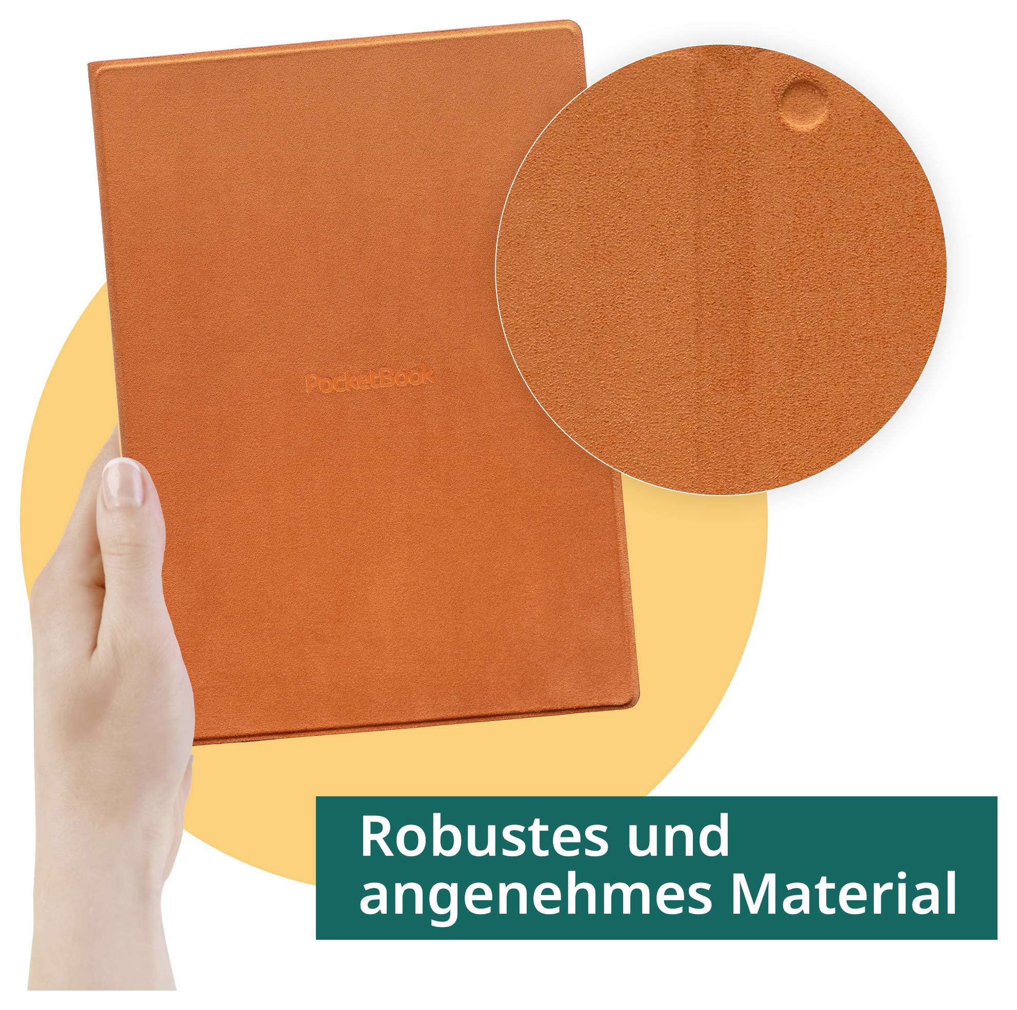 Main de quelqu'un tenant un cahier Rocketbook orange, avec un agrandissement montrant la couverture texturée et le texte allemand « Matériau robuste et agréable ».