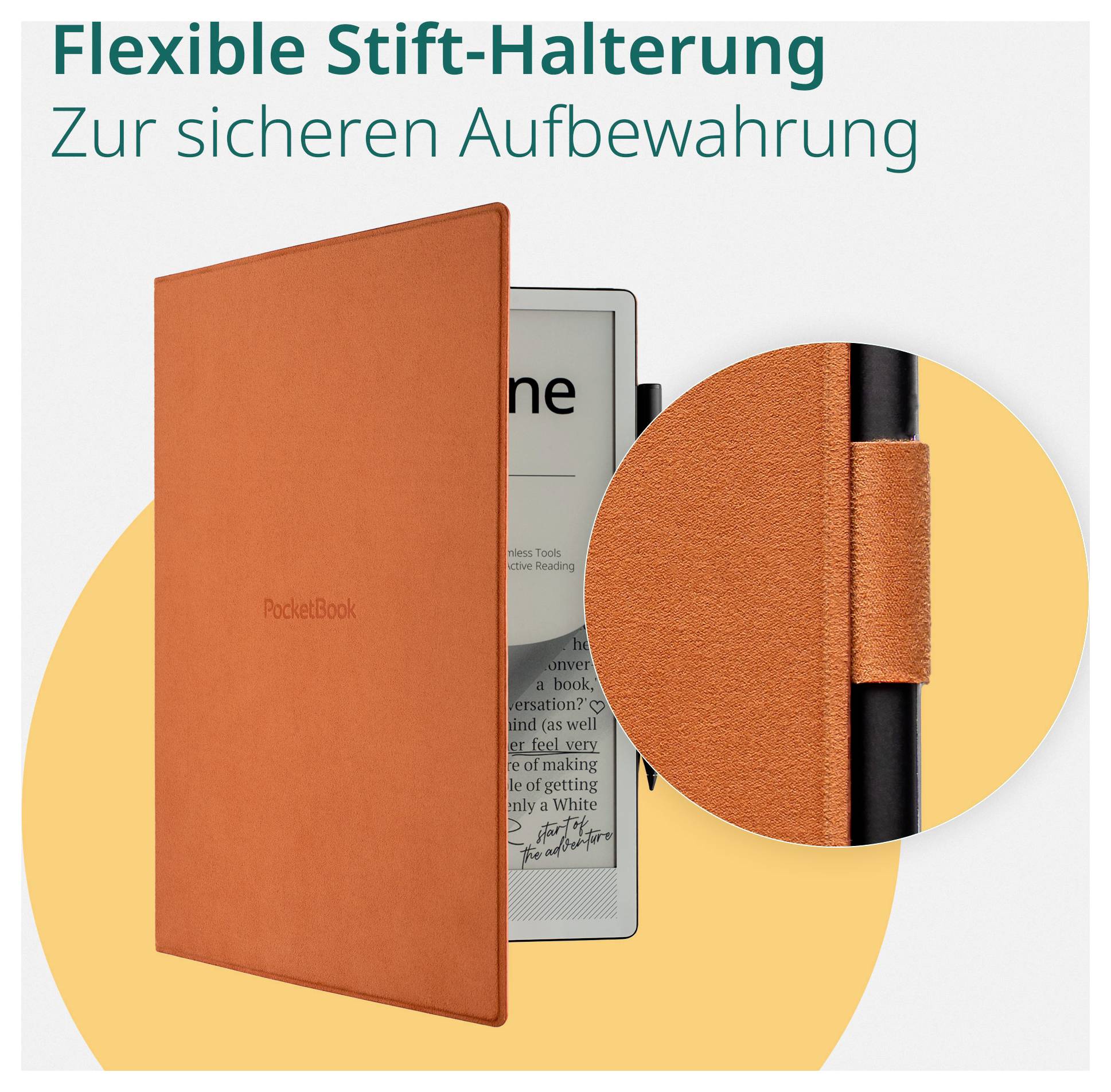 Image de produit d'une housse de liseuse électronique orange avec un porte-stylet flexible, présentée avec un gros plan agrandi ; le texte allemand se lit « Flexible Stift-Halterung » et « Zur sicheren Aufbewahrung ».