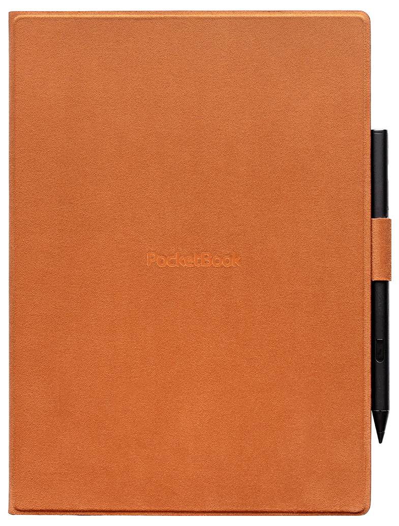 Carnet Orange PocketBook avec un stylo noir attaché le long du bord droit.