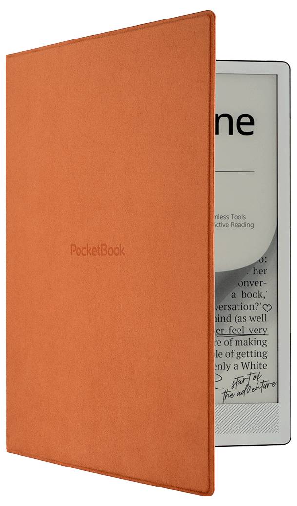 Liseuse Orange PocketBook avec sa housse partiellement ouverte, montrant l'écran à l'intérieur.