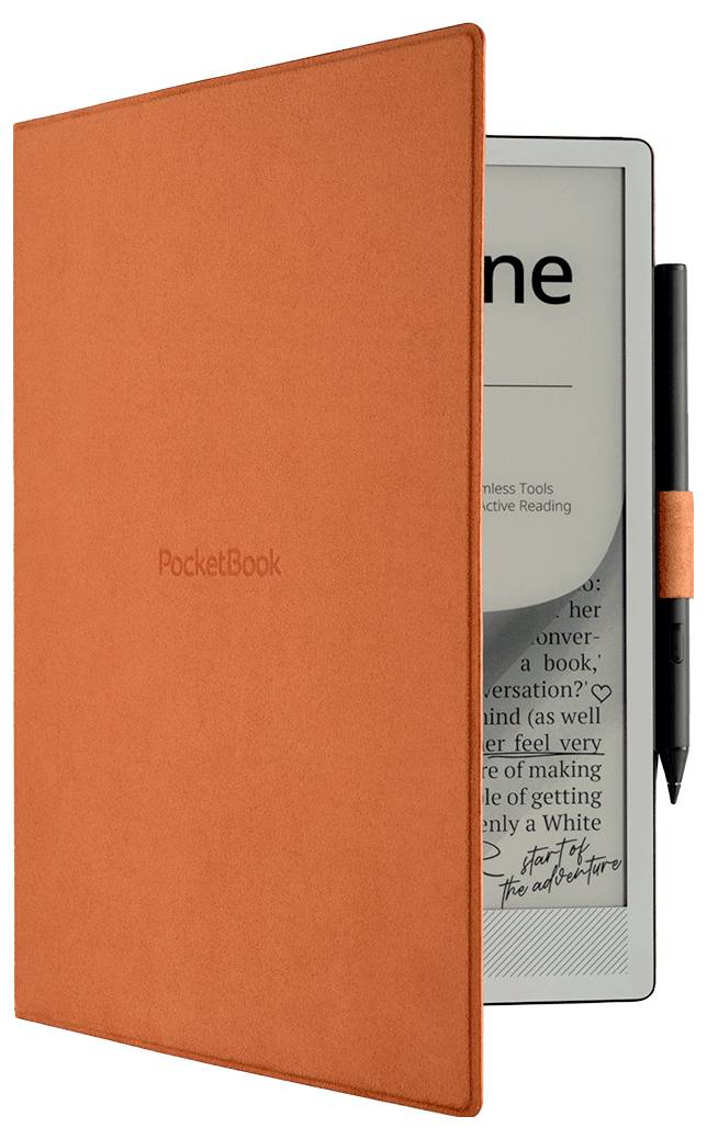 Liseuse Orange PocketBook avec étui partiellement ouvert, montrant son écran et son stylet attaché sur le côté droit.