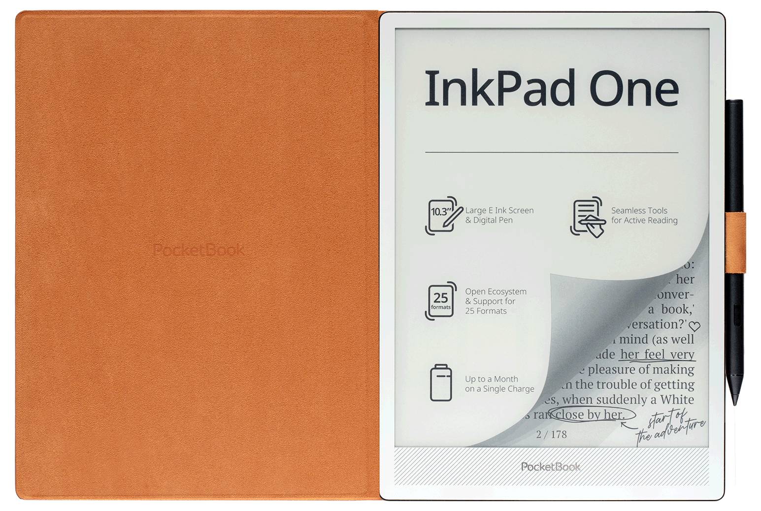Étui Orange PocketBook pour liseuse électronique à côté d'une tablette InkPad One avec stylet, affichant l'écran de couverture de l'appareil et le nom du produit.