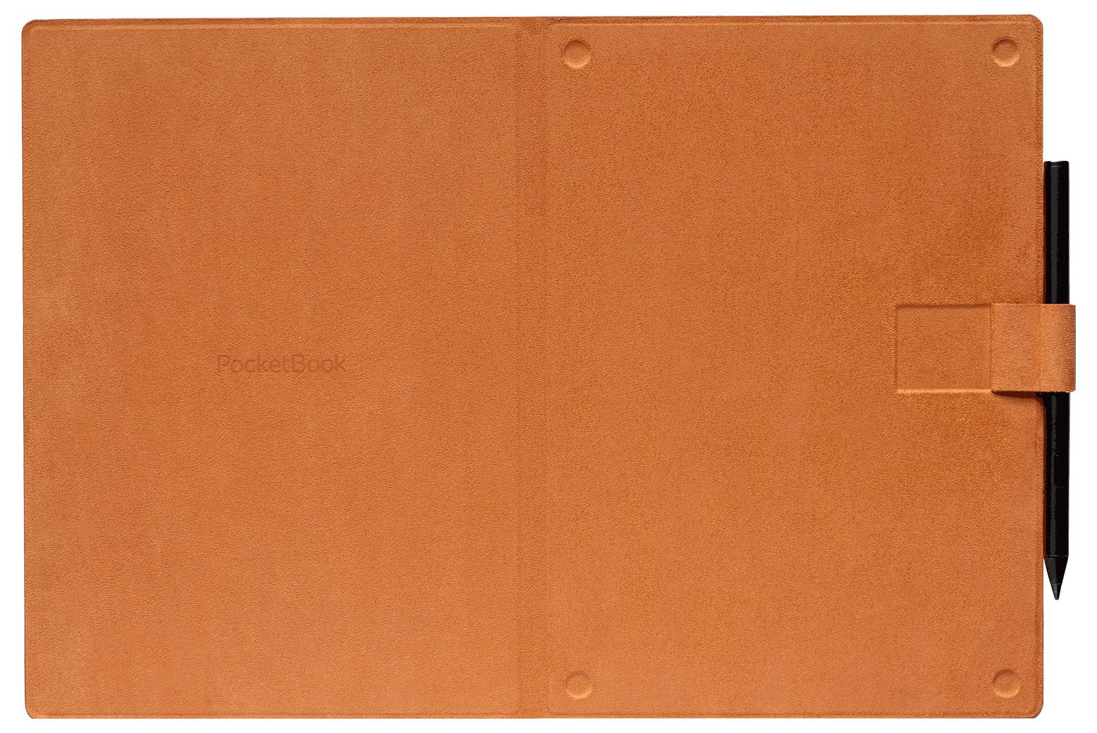 Étui Orange PocketBook pour liseuse électronique avec porte-stylet latéral, présenté fermé sur un fond blanc.