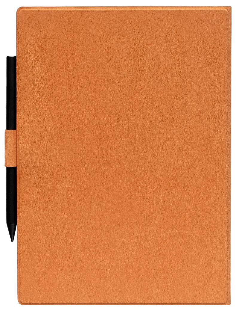 Carnet orange avec un stylo noir glissé dans la boucle élastique du côté gauche.