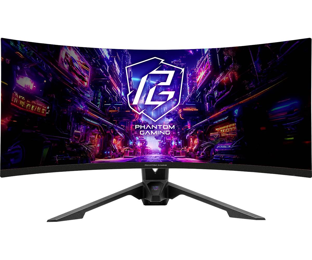 Moniteur de jeu incurvé affichant une scène de ville néon avec le logo « Phantom Gaming » centré à l'écran.