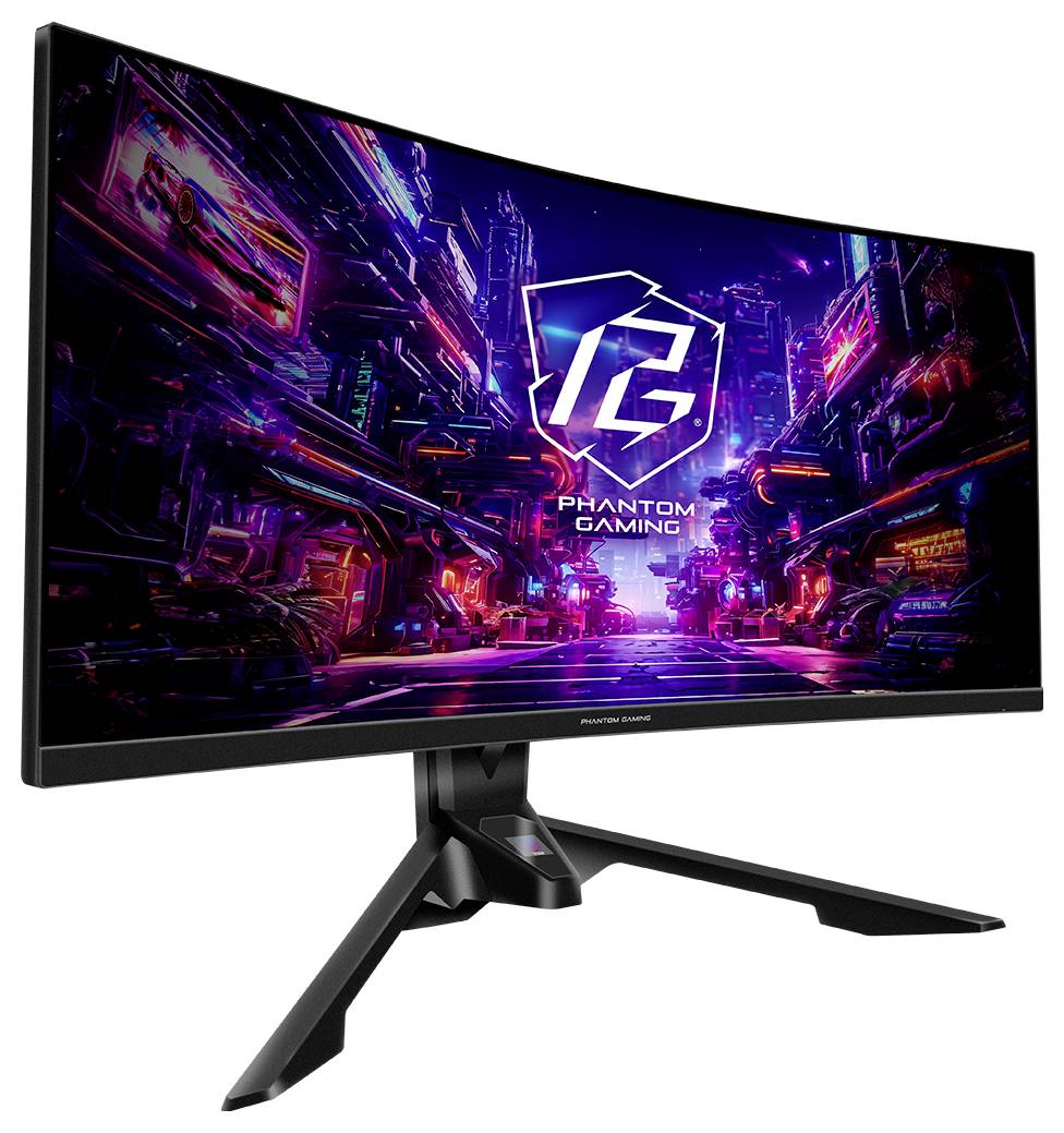 Moniteur de jeu incurvé sur un support affichant un paysage urbain futuriste au néon avec le logo 'Phantom Gaming' centré à l'écran.