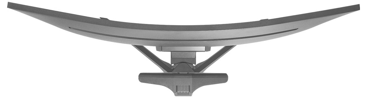 Vue latérale d'un support de moniteur épuré et incurvé avec un bras de montage ajustable au centre et une base plate, présenté sur un fond blanc.