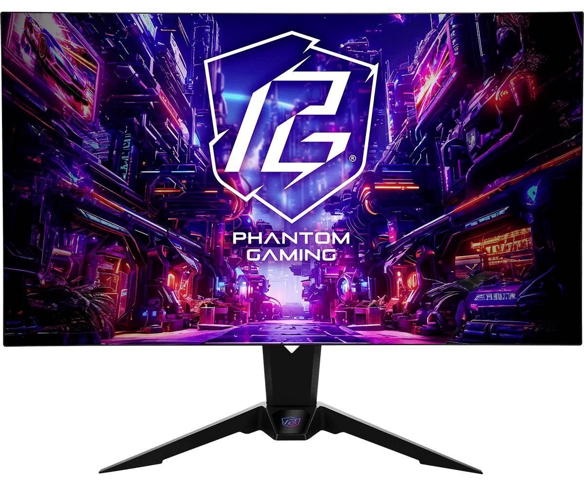 Moniteur de jeu affichant le logo Phantom Gaming sur une scène de ville cyberpunk néon, avec un support en V noir sur fond blanc.
