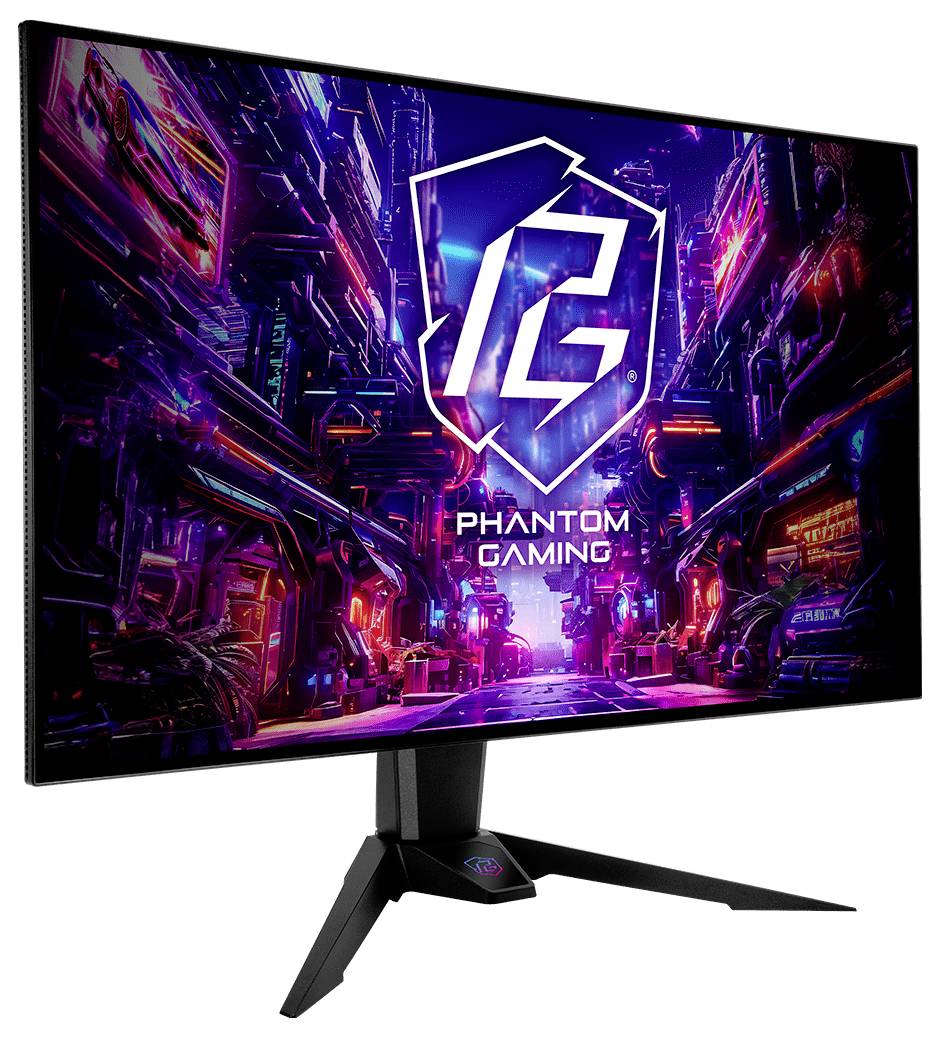 Moniteur de jeu affichant une ville cyberpunk néon et le logo 'PHANTOM GAMING', présenté sur un support noir sur fond blanc.