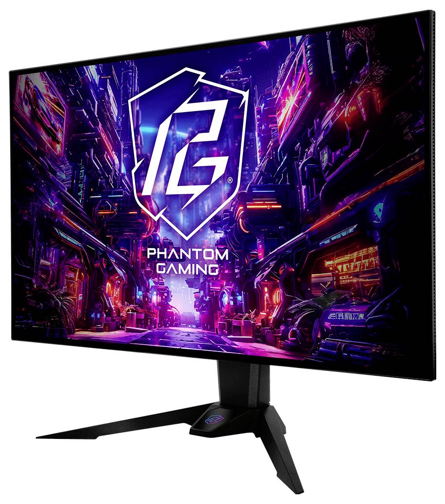 Un moniteur de jeu affichant une scène cyberpunk néon avec le logo 'Phantom Gaming' et du texte à l'écran.