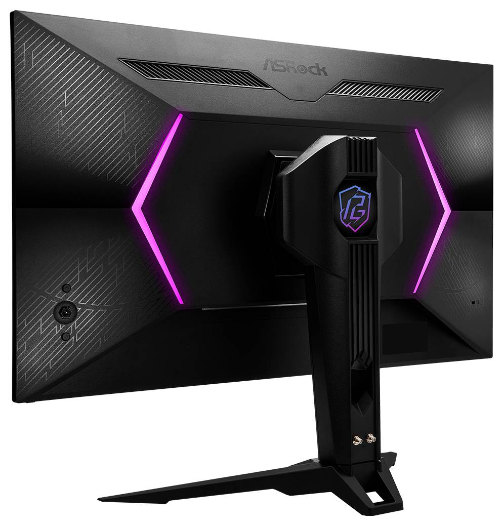 Vue arrière d'un moniteur de jeu AOC avec panneau arrière géométrique noir, accents LED rose et un pied central sur une base piédestal.