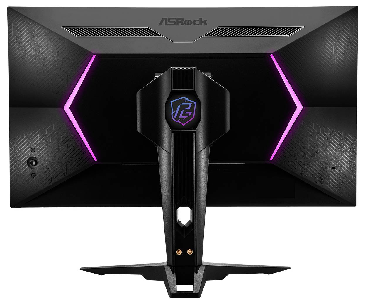 Vue arrière d'un moniteur de jeu ASRock avec un boîtier noir aux formes géométriques et des accents LED roses sur les deux côtés.