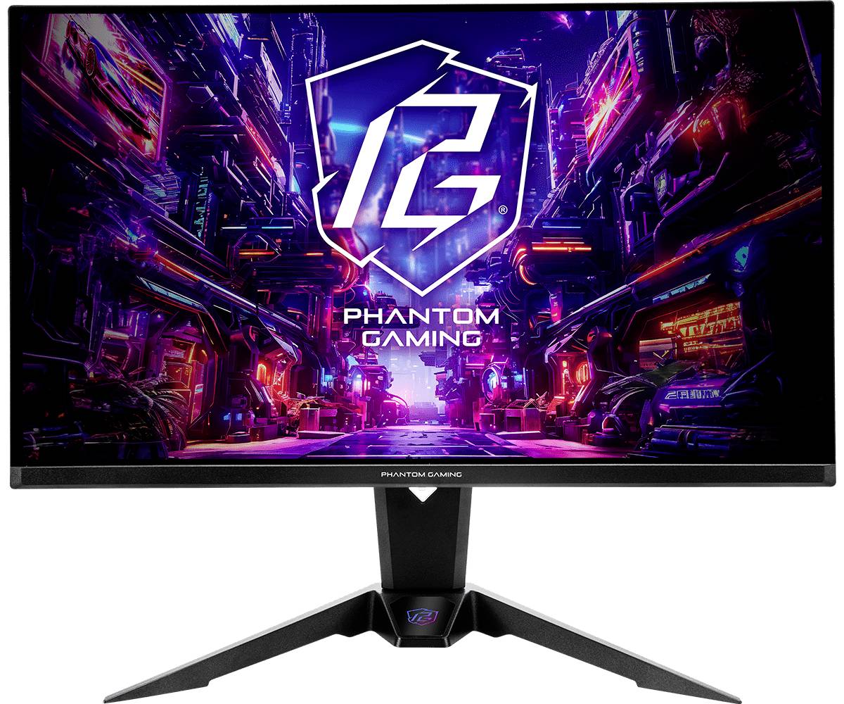 Un moniteur Phantom Gaming affichant un paysage urbain de science-fiction néon avec le logo PG, présenté sur un support noir élégant.