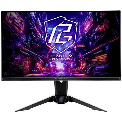 Un moniteur Phantom Gaming affichant un paysage urbain de science-fiction néon avec le logo PG, présenté sur un support noir élégant.