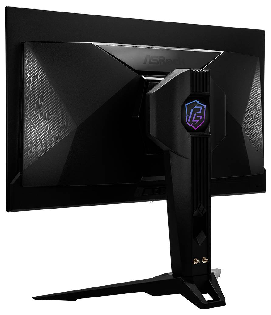 Vue arrière d'un moniteur de jeu MSI noir avec un support angulaire et un logo de dragon illuminé à l'arrière.