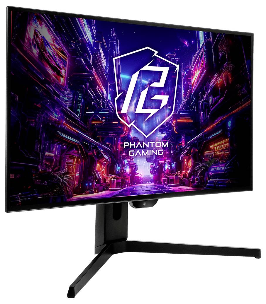 Moniteur de jeu affichant une scène cyberpunk au néon avec un logo en forme de bouclier « PG » et le texte « PHANTOM GAMING ».