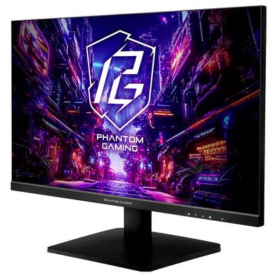 Moniteur noir affichant un logo de paysage urbain futuriste néon 'PHANTOM GAMING' sur un pied, présenté sur fond blanc.