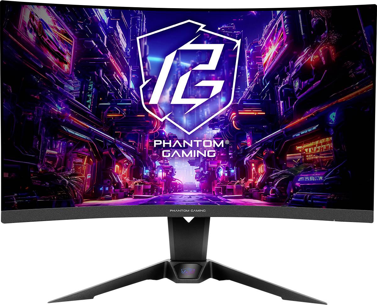 Moniteur de jeu incurvé affichant le logo « PG Phantom Gaming » sur un écran avec un paysage urbain sci-fi néon.