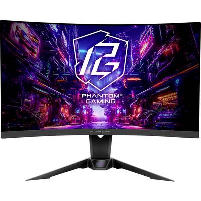 Moniteur de jeu incurvé affichant le logo « PG Phantom Gaming » sur un écran avec un paysage urbain sci-fi néon.