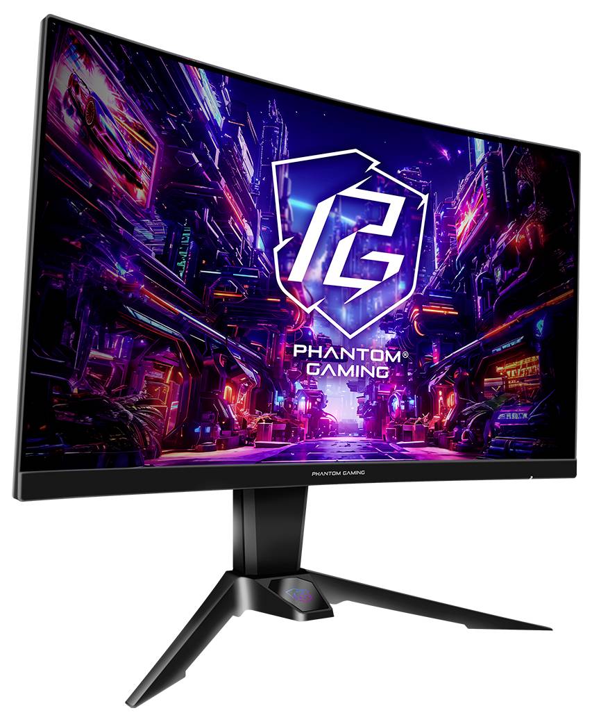 Moniteur de jeu incurvé sur support affichant une scène cyberpunk néon avec le logo 'PG' et le texte 'PHANTOM GAMING'.
