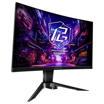 Moniteur de jeu incurvé sur support affichant une scène cyberpunk néon avec le logo 'PG' et le texte 'PHANTOM GAMING'.