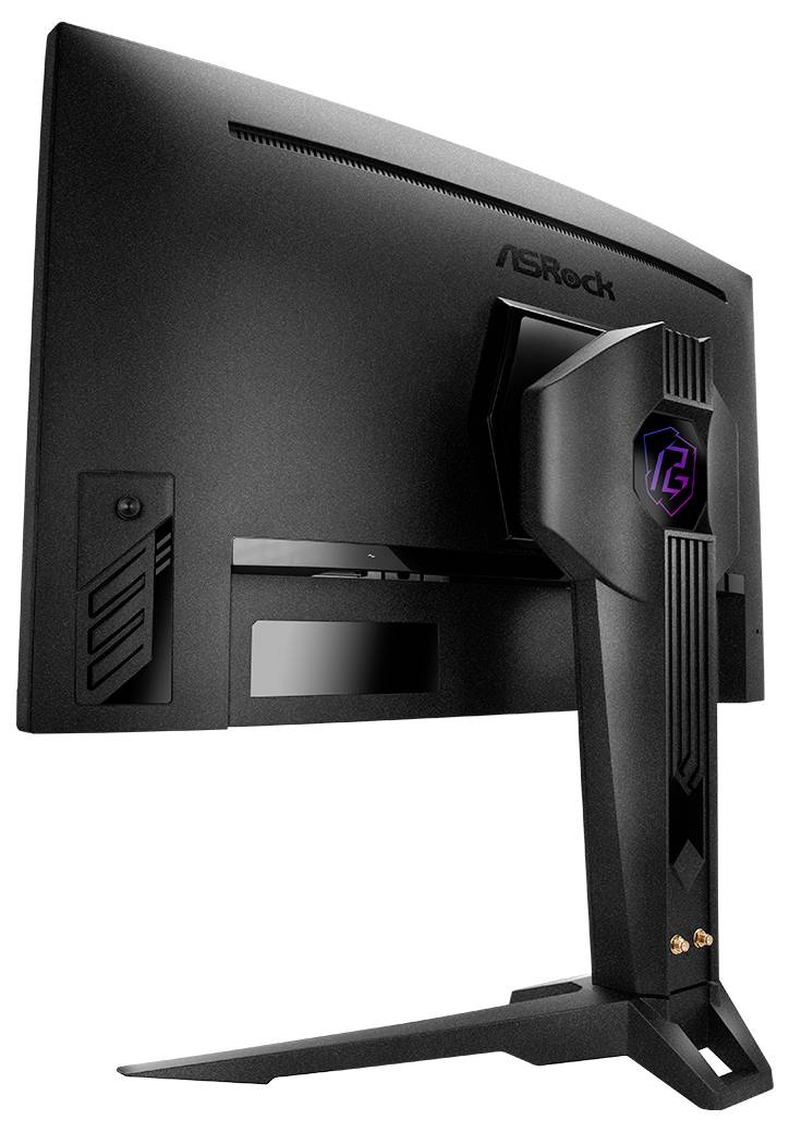 Vue arrière d'un moniteur ASRock noir avec un support central et une base en forme de V angulaire, présenté sur un fond blanc.