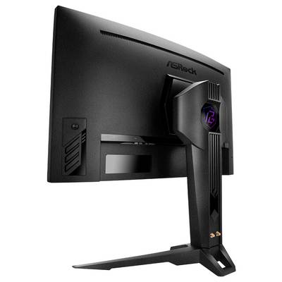 Vue arrière d'un moniteur ASRock noir avec un support central et une base en forme de V angulaire, présenté sur un fond blanc.