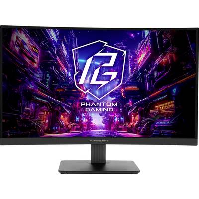 Moniteur incurvé affichant le logo « Phantom Gaming » sur une scène de ville cyberpunk au néon