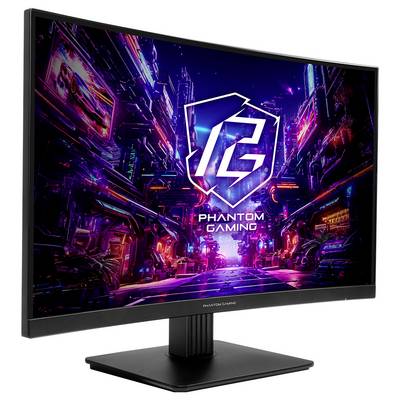 Moniteur de jeu incurvé affichant une scène cyberpunk néon avec le logo « PG » et le texte « PHANTOM GAMING ».