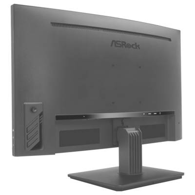 Arrière d'un moniteur de bureau ASRock sur un pied, montrant les évents arrière, les ports et la zone de gestion des câbles.