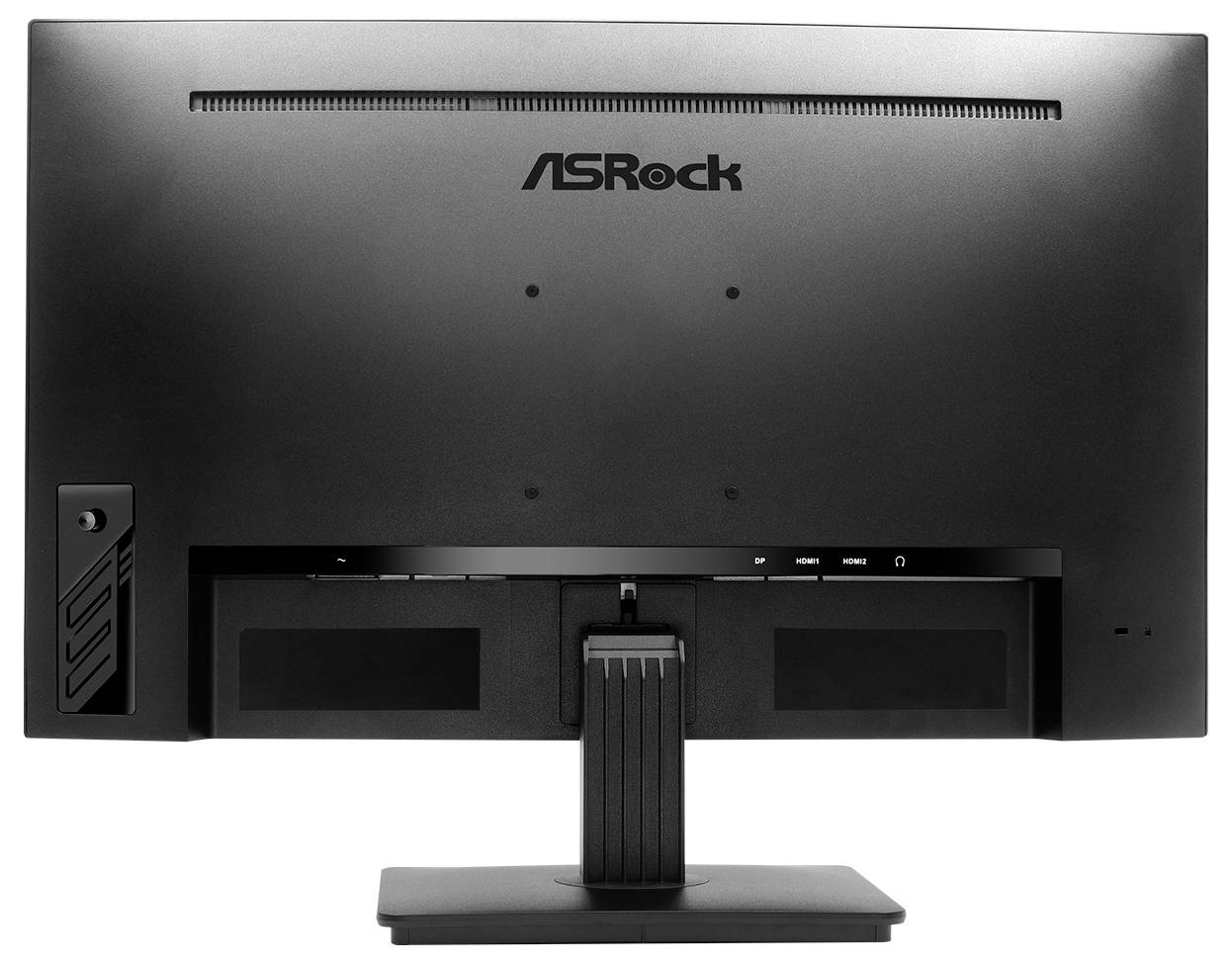 Vue arrière d'un moniteur de bureau ASRock sur un support, montrant les ports et le cache de gestion des câbles.