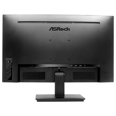 Vue arrière d'un moniteur de bureau ASRock sur un support, montrant les ports et le cache de gestion des câbles.