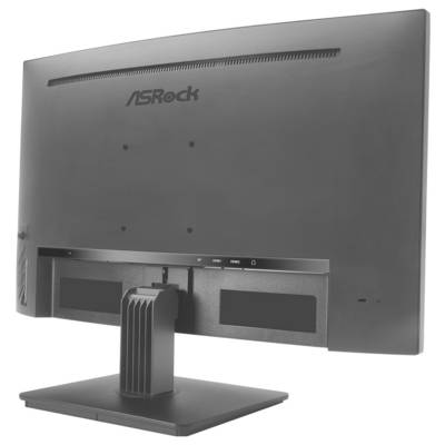 Vue arrière d'un moniteur ASRock sur un socle, montrant le logo, les fentes de ventilation et les ports/cache arrière.