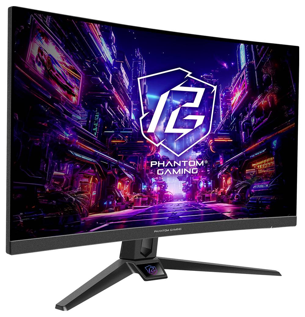 Moniteur de jeu incurvé affichant une scène de ville cyberpunk néon avec un grand logo de bouclier 'PG' et le texte 'PHANTOM GAMING'.