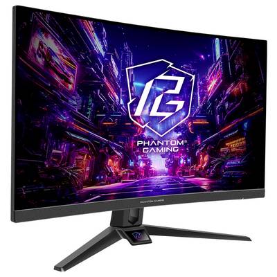 Moniteur de jeu incurvé affichant une scène de ville cyberpunk néon avec un grand logo de bouclier 'PG' et le texte 'PHANTOM GAMING'.