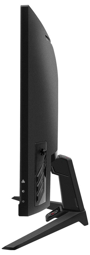 Vue latérale d'un écran de jeu incurvé noir sur un support, montrant les ports arrière et le bras de support réglable sur un fond blanc.