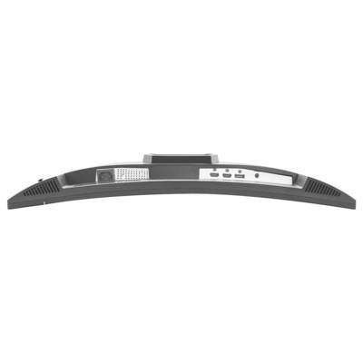 Vue arrière d'un moniteur à écran plat incurvé avec haut-parleurs intégrés, ports et un pied central.