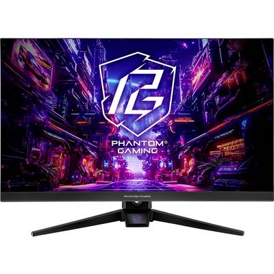 Moniteur Phantom Gaming affichant une scène de ville cyberpunk néon avec un grand logo « PG » et le texte « PHANTOM GAMING » à l'écran.