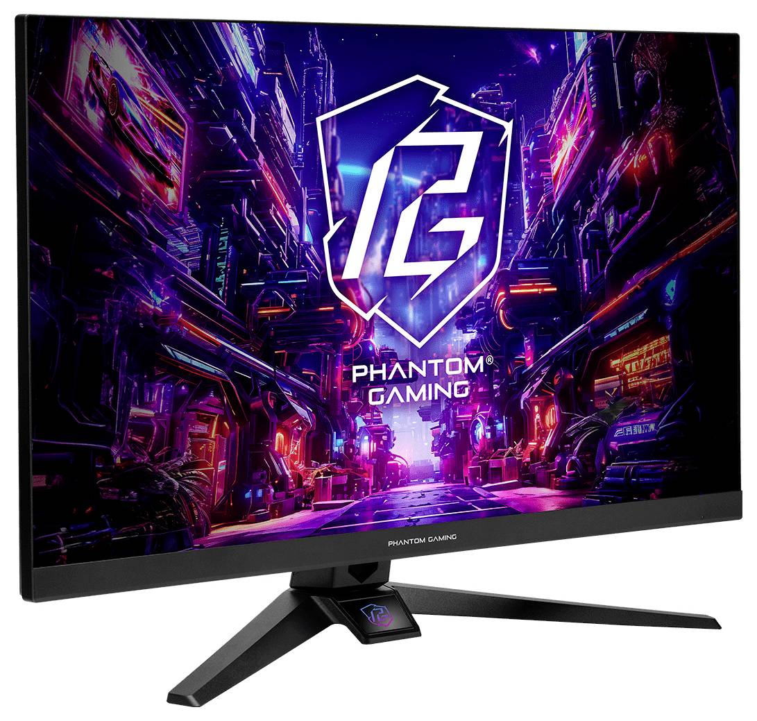 Un moniteur de jeu grand écran sur pied affiche le logo « PHANTOM GAMING » sur une scène de ville futuriste au néon.