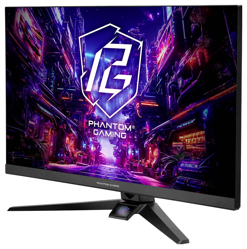 Moniteur de jeu Phantom Gaming affichant une scène de ville cyberpunk néon avec un grand logo de bouclier PG et le texte « PHANTOM GAMING ».