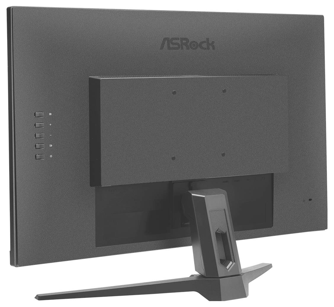 Vue arrière d'un moniteur informatique ASRock avec un socle central et des boutons de contrôle latéraux.