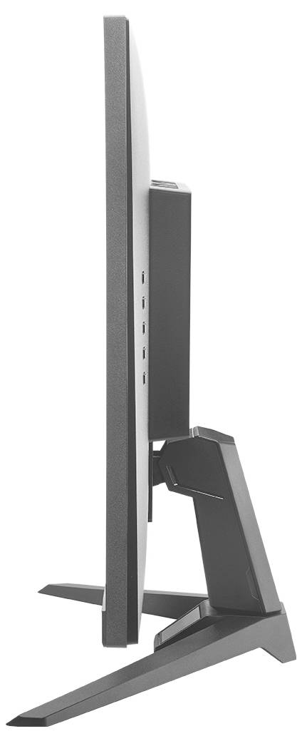 Vue latérale d'un moniteur écran plat fin sur un support angulaire moderne avec ports de câble intégrés, présenté isolé sur un fond blanc.