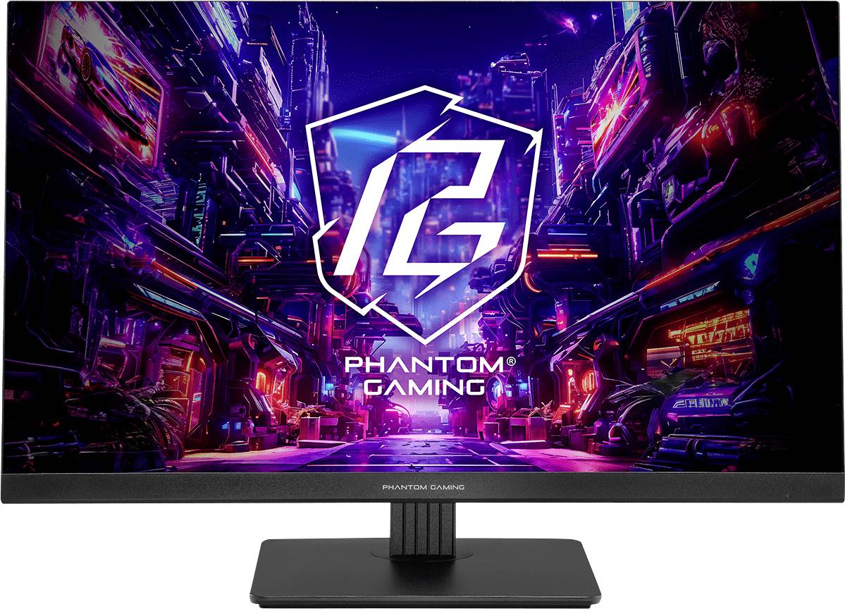 Un moniteur de jeu affichant un paysage urbain cyberpunk au néon avec un grand logo « PG » et le texte « Phantom Gaming » au centre.
