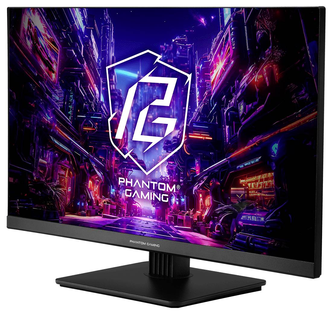 Moniteur de bureau Phantom Gaming affichant une ville cyberpunk néon et un grand logo PG sur l'écran.