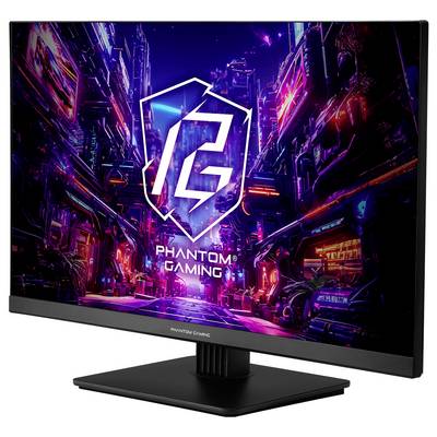 Moniteur de bureau Phantom Gaming affichant une ville cyberpunk néon et un grand logo PG sur l'écran.