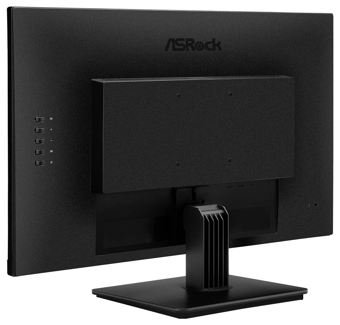 Vue arrière d'un moniteur informatique ASRock sur un support, montrant un panneau arrière noir uni et une zone de câbles centrale.