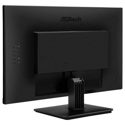 Vue arrière d'un moniteur informatique ASRock sur un support, montrant un panneau arrière noir uni et une zone de câbles centrale.